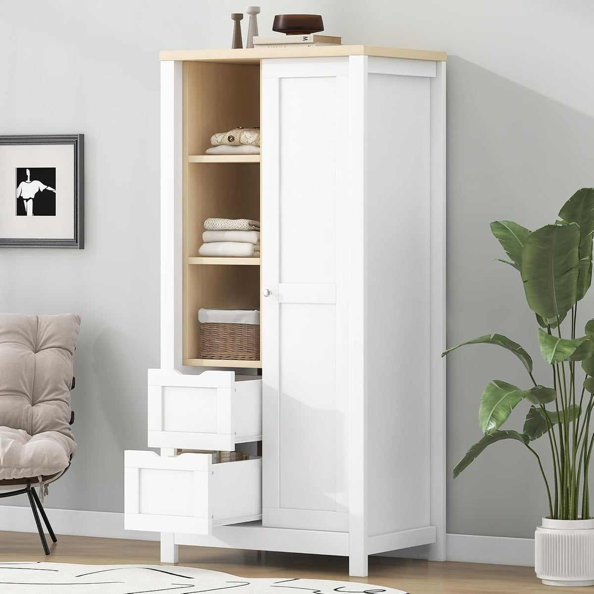 White Wooden Wardrobe Closet with 2 Drawers and Sliding Door Z672102