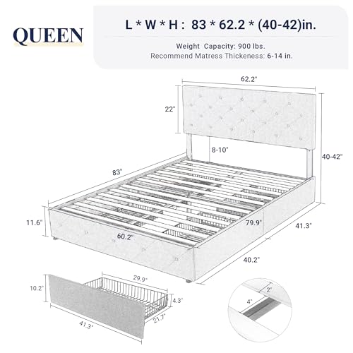 Light Grey Queen Size Platform Bed Frame with 4 Storage Drawers R722