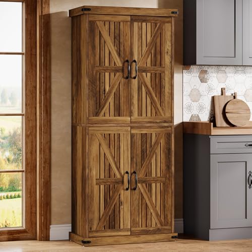 71" Tall Kitchen Pantry, Farmhouse Storage Cabinet with Barn Doors and Adjustable Shelves, Rustic Wooden Cupboard, Brown S3407