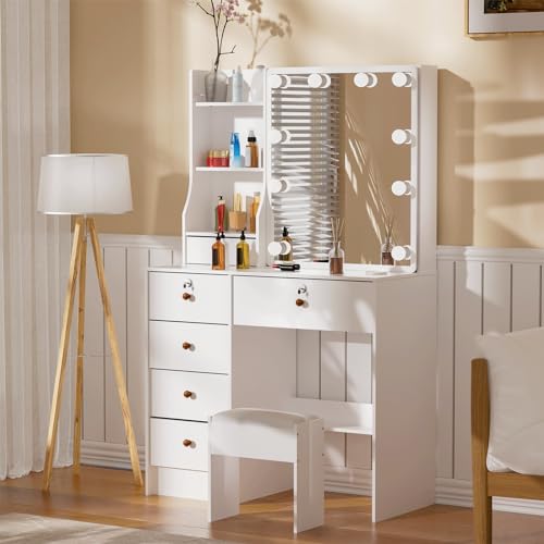 White Vanity Desk with Mirror, Lights, and Drawers with Cushioned Stool S2103