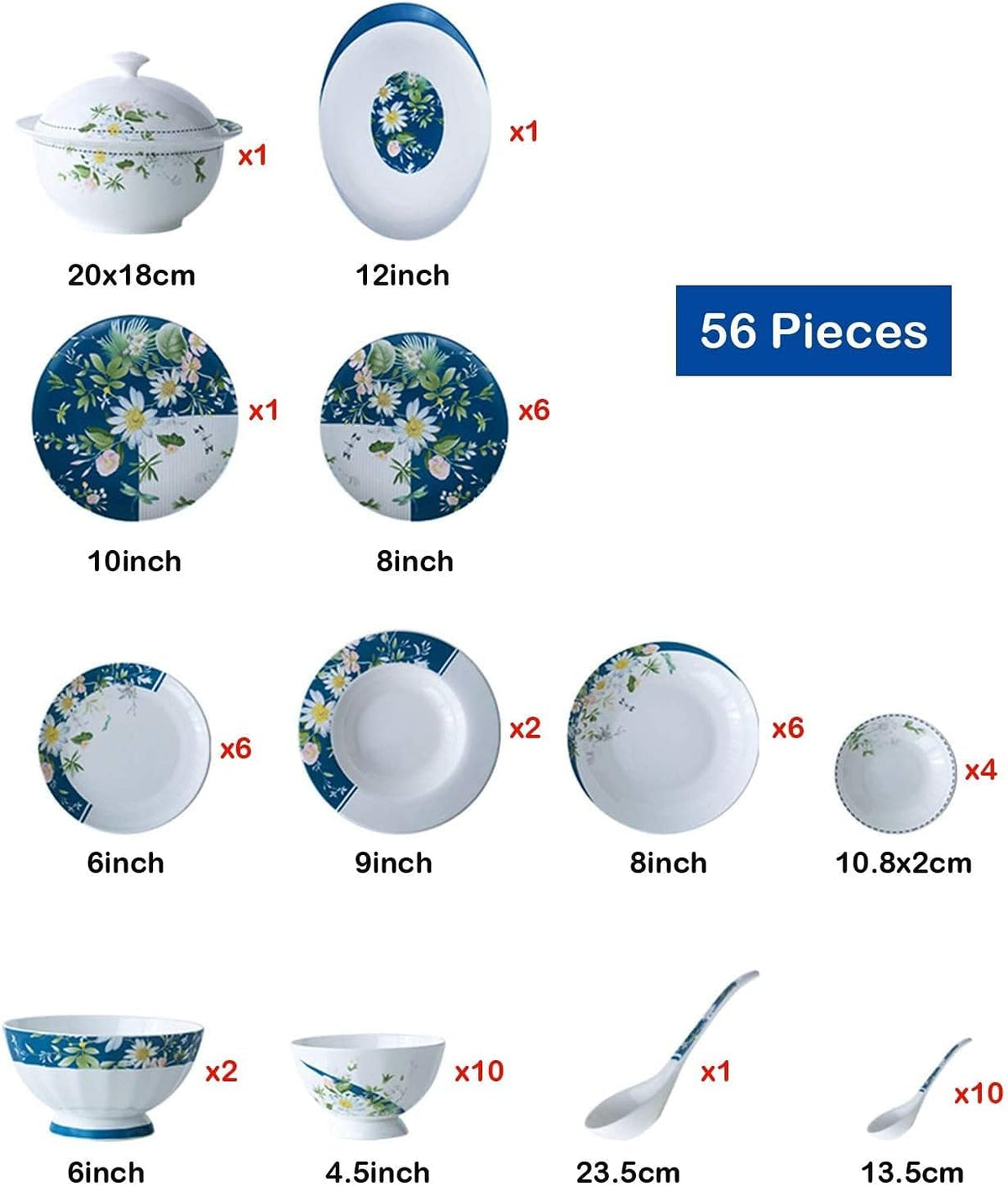 56-Piece Ceramic Bone China Dinnerware Set W9322