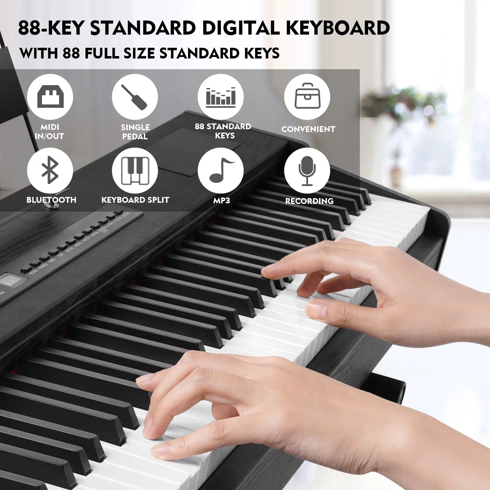 Black 88-Key Digital Piano Weighted Keyboard Hammer Action with Stand I56387