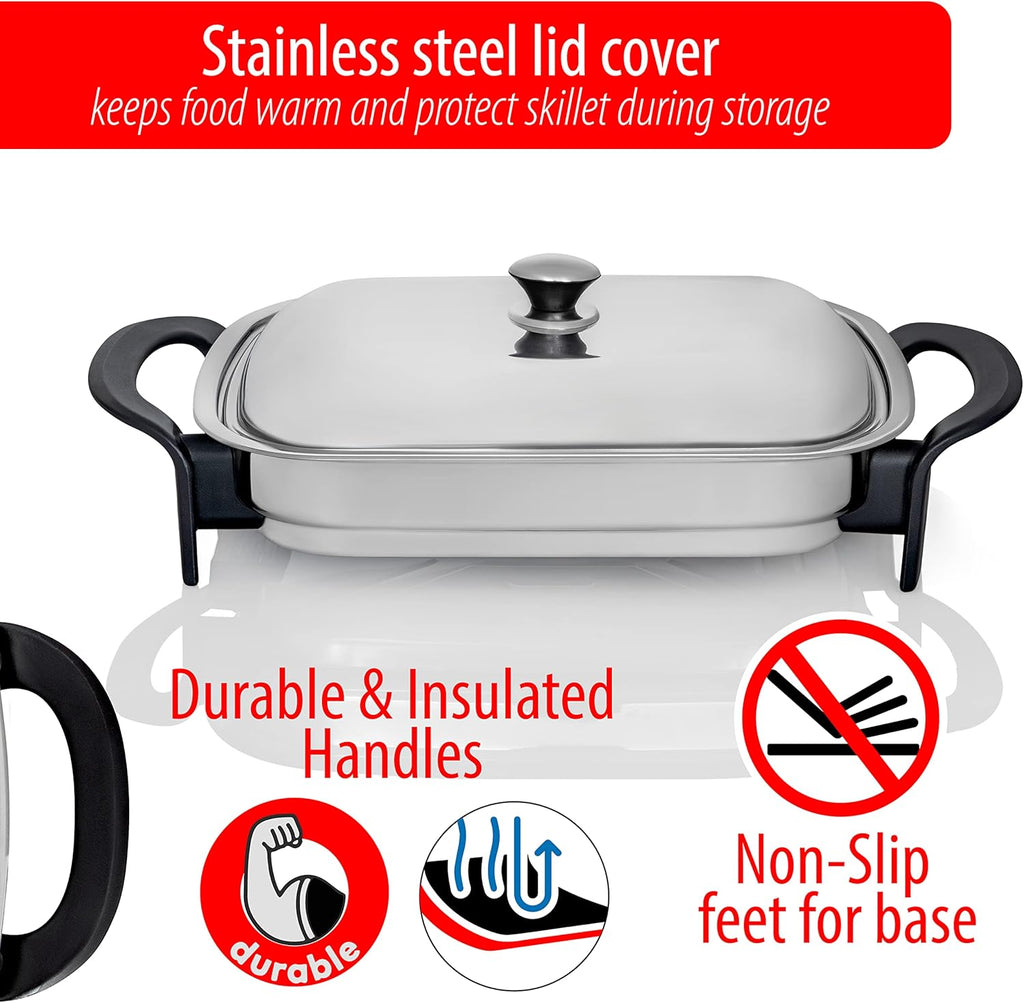 16-Inch Rectangular Stainless Steel Electric Skillet with Lid B873