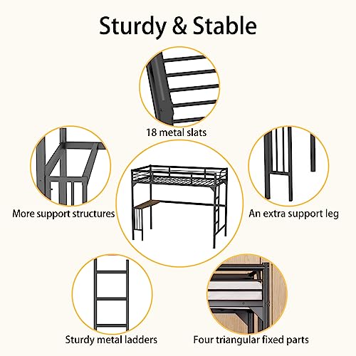 Black Metal Loft Bed Twin Size with Desk and Ladder S75955