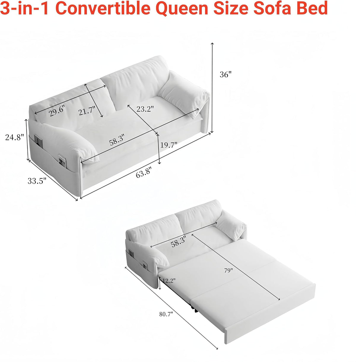 63.8" Queen Pull Out Velvet Sofa Bed with 2 Pillows Y3833