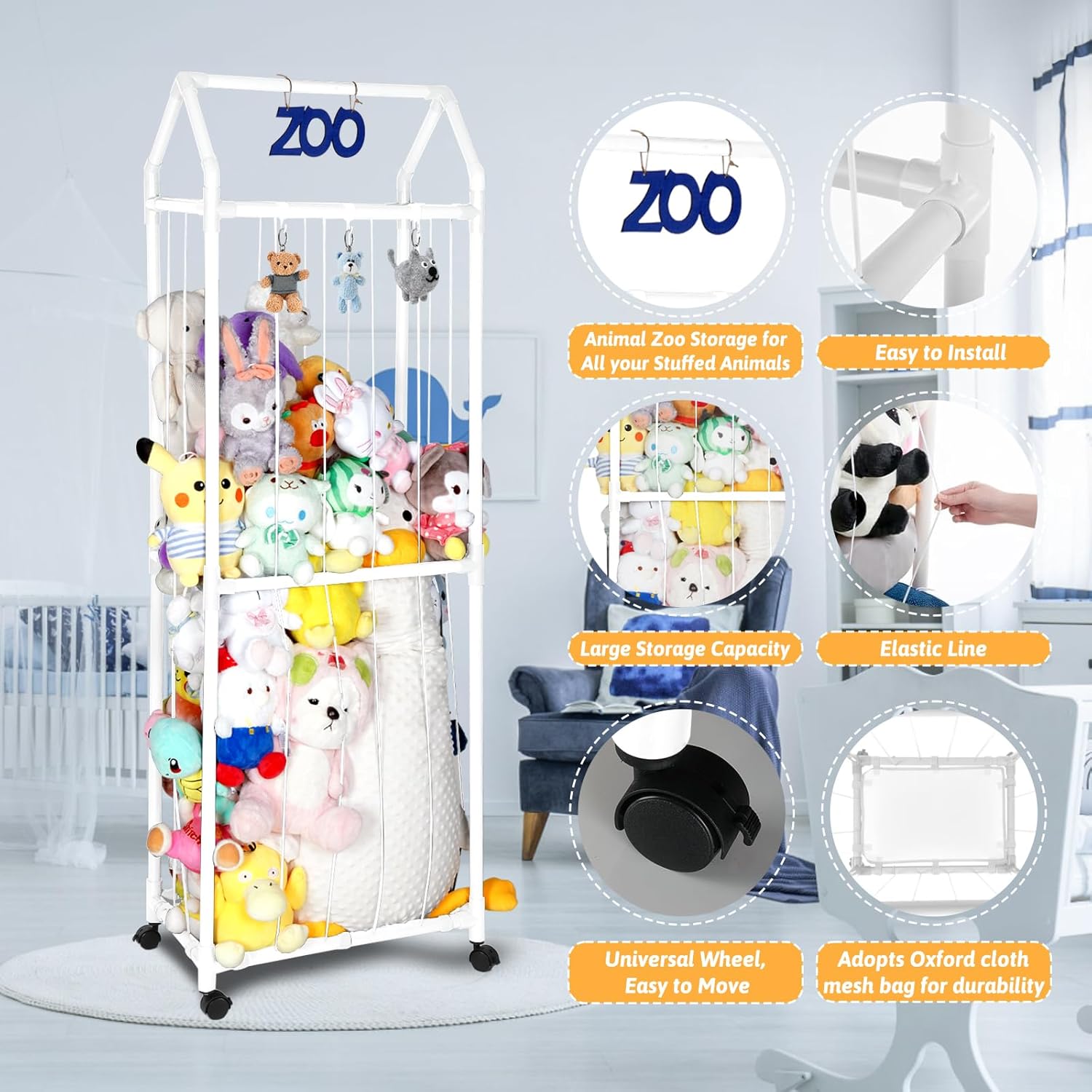 White Stuffed Animal Storage Zoo with Elastic Band and Net U904