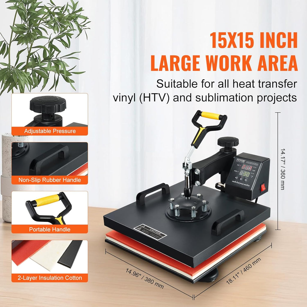15x15 Heat Press Machine with Hat Press, 360° Swing Away Digital Tshirt Press Machine J971733