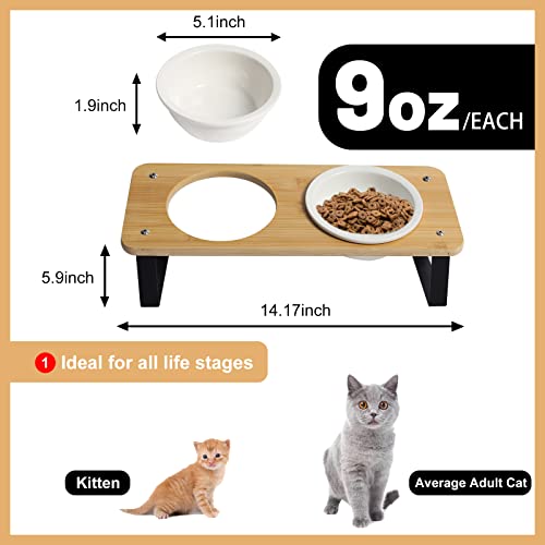 Ceramic Cat Bowl with Stand 15° Tilted Raised Cat Bowl Bamboo Cat Feeding Station Z2630