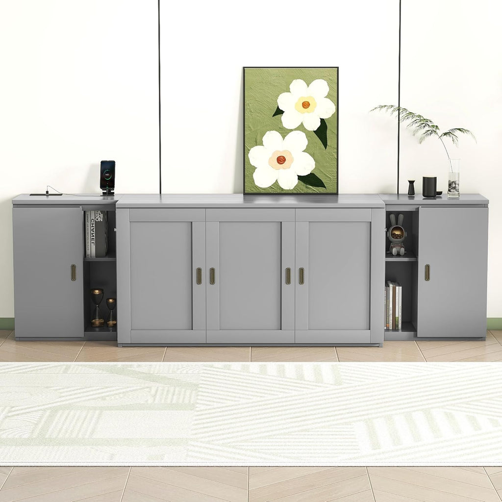 Queen Size Gray Murphy Wall Bed with Shelves and Cabinets D598