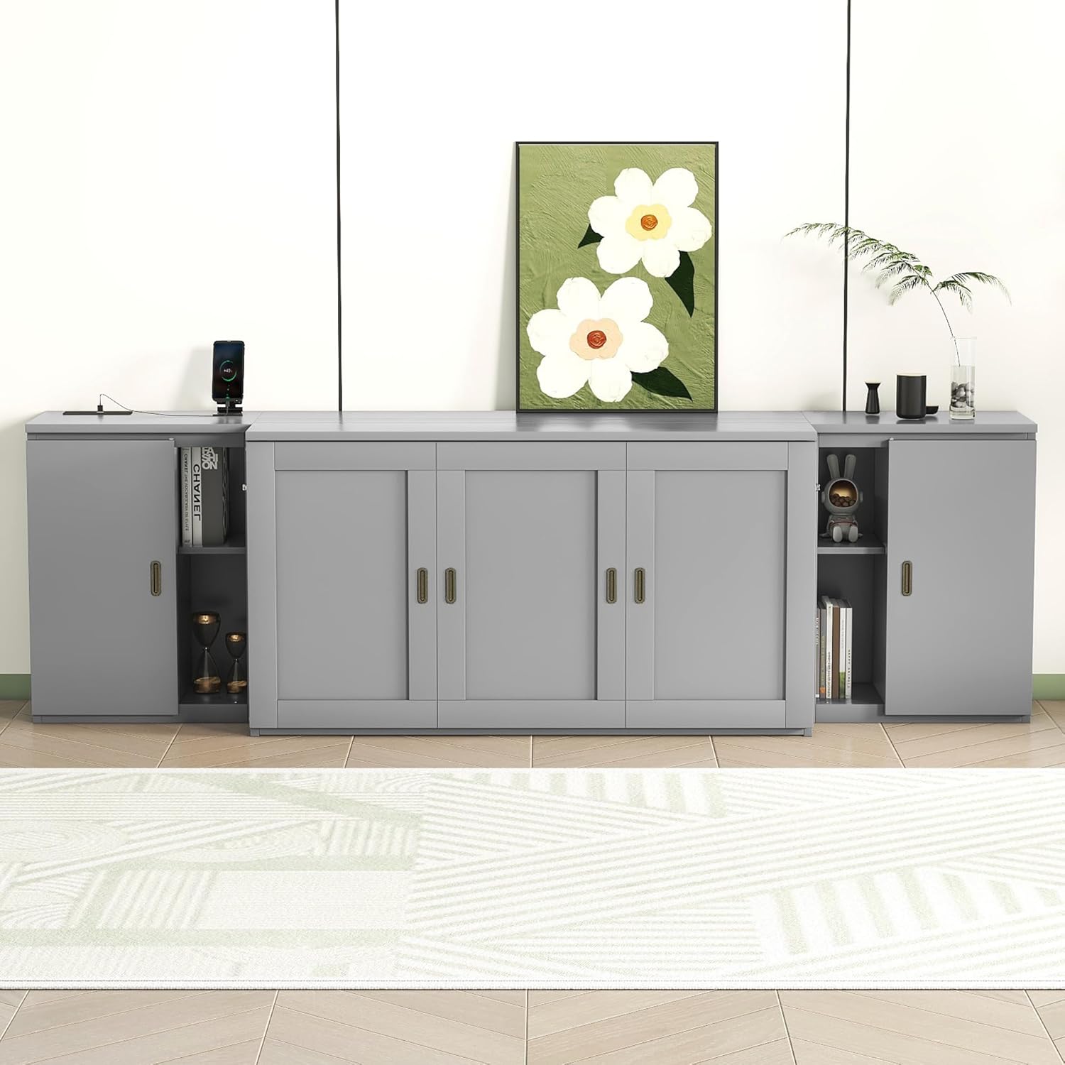 Queen Size Gray Murphy Wall Bed with Shelves and Cabinets D598