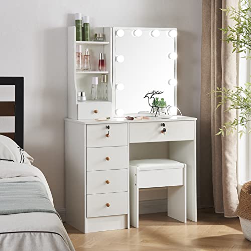 White Vanity Desk with Mirror, Lights, and Drawers with Cushioned Stool S2103
