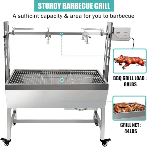 Stainless Steel Charcoal Spit Rotisserie Roaster Grill with Back Cover Guard and Baffle W769