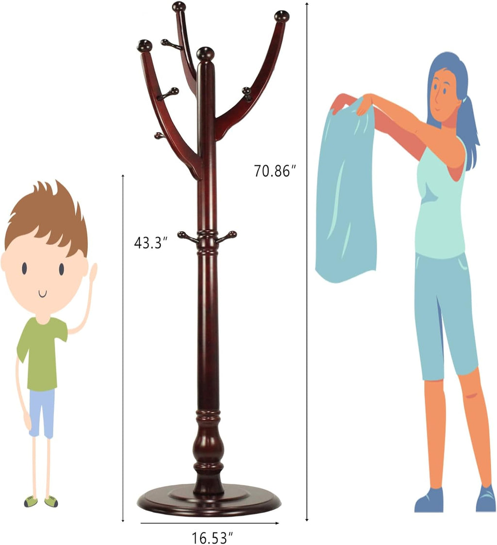 Freestanding Wood Coat Rack with 11 Hooks O7083