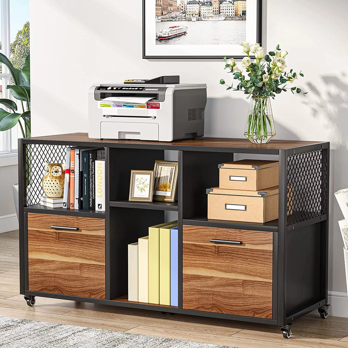 2 Drawer Rustic Brown Wood Lateral File Cabinet Y1116