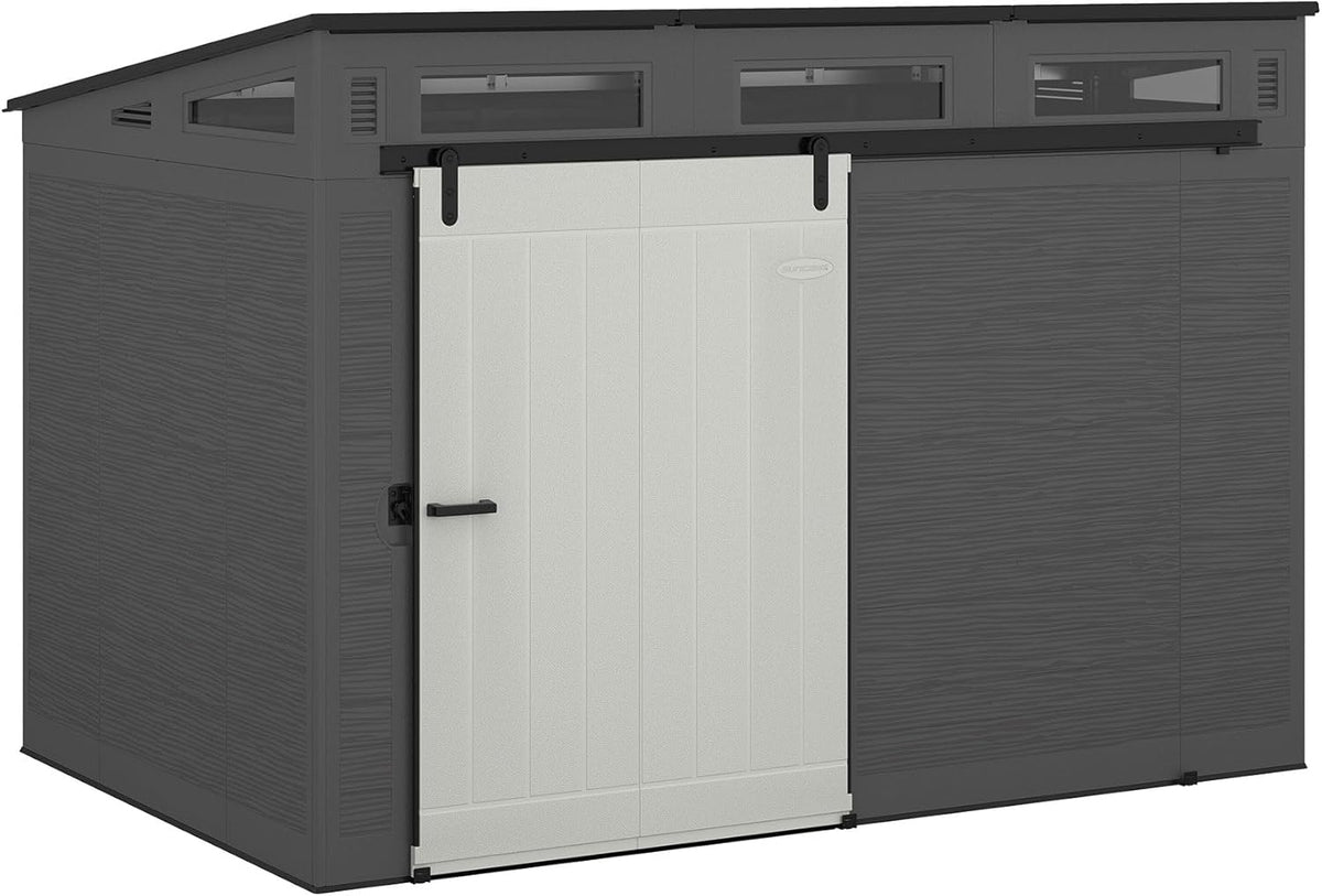 Gray and Black 10 Foot by 7 Foot Outdoor Plastic Storage Shed with Sliding Barn Door A552