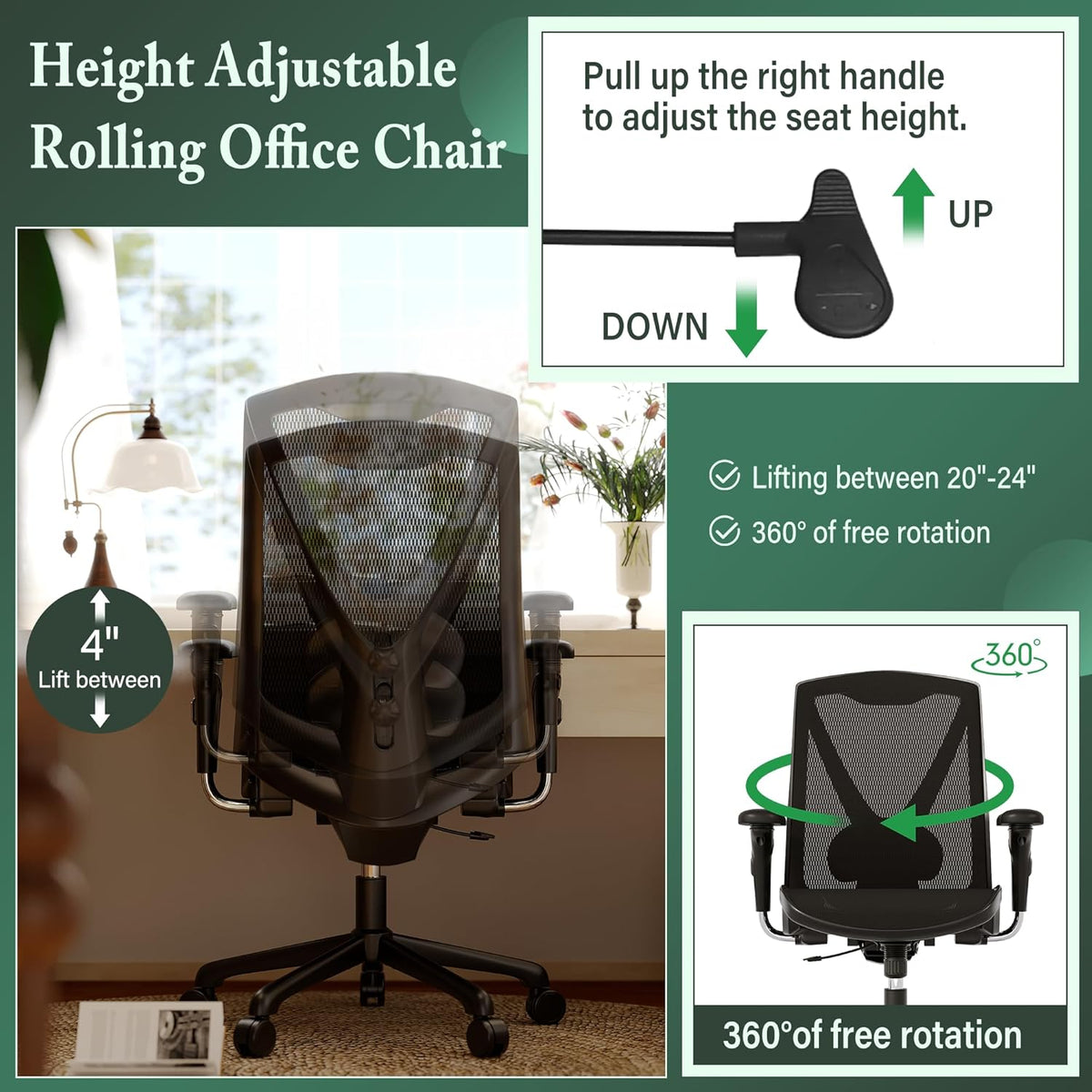 Executive Office Chair with Adjustable Lumbar Support and Swivel Mesh E79456