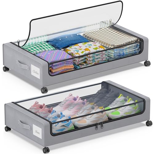 Black 2-Pack 60L Under Bed Storage Containers with Wheels and Clear Lids A895