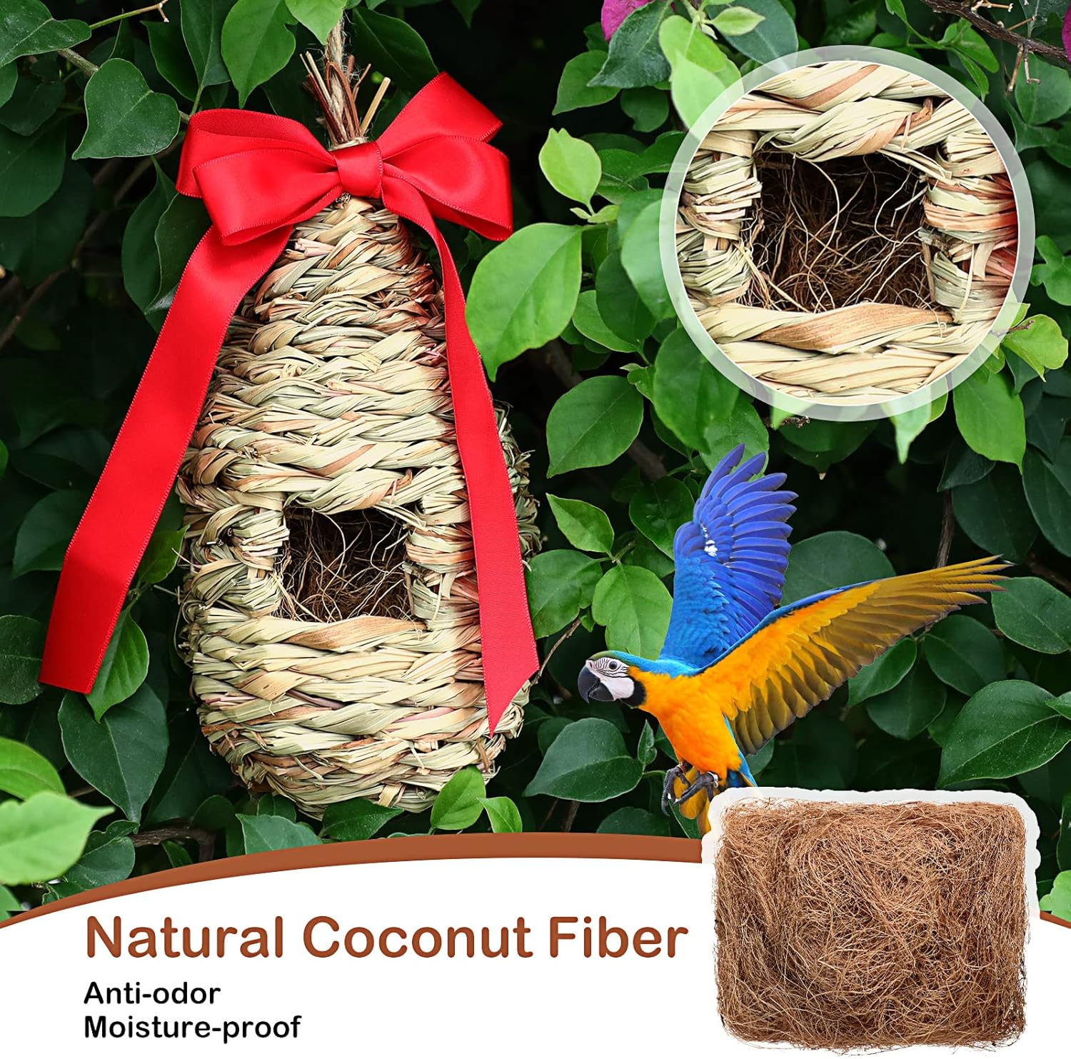 3 Pack Hummingbird Nest House with Coconut Fiber Nesting Material Red Ribbon Woven Nest H483769