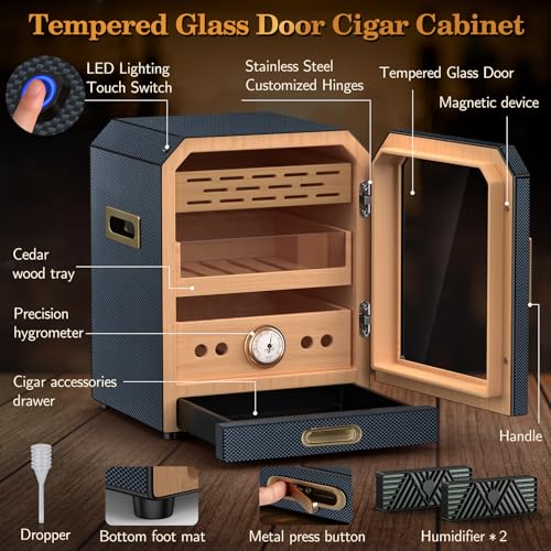 Lighted Magnetic Door Desktop Cigar Humidor Cabinet with Drawer, 3 Layer, Brown K8154
