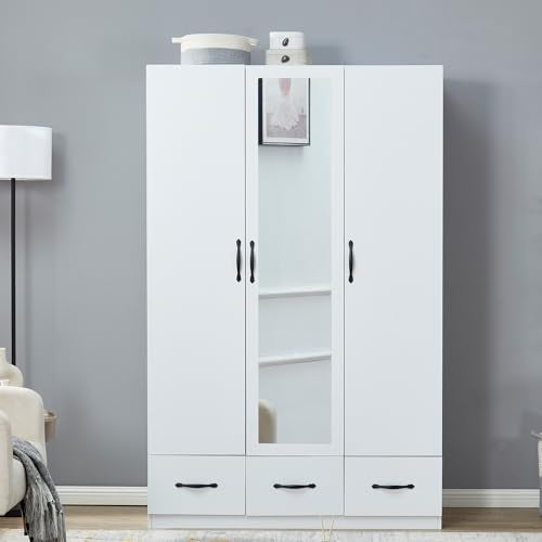 Rattan Armoire Wardrobe Closet Wood 71" Tall with 3 Doors 4 Drawers Mirror Hanging Rod and Shelves A799474