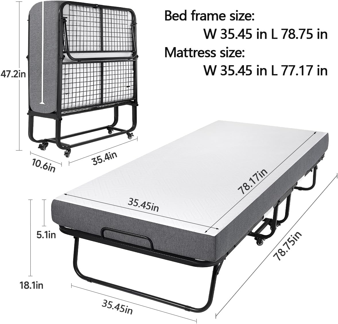 Folding Bed with 5.2" Thick Memory Foam Mattress, 79 * 35inch, Metal Folding Frame M845
