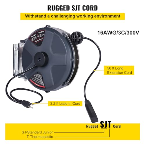 50 FT 14AWG/3C SJTOW Power Cord Reel with Lighted Triple Tap Outlet Z1916