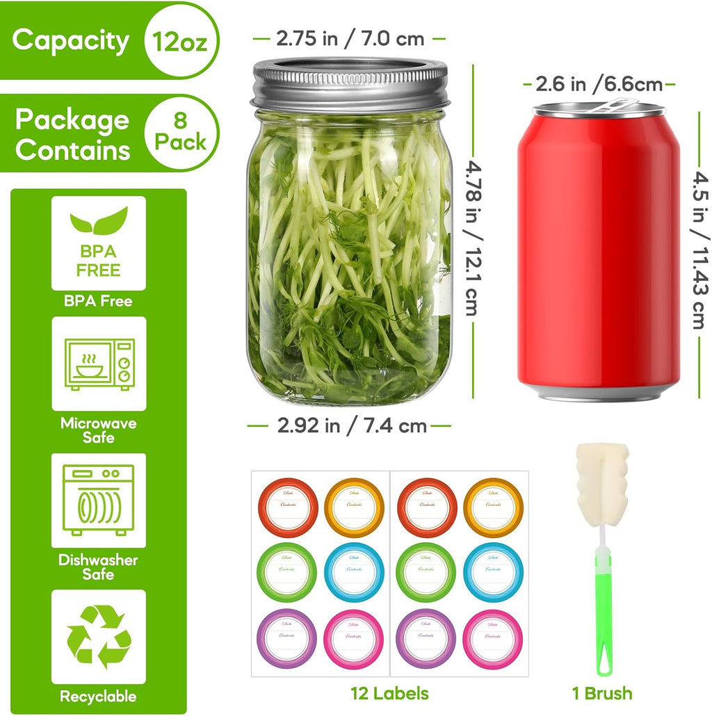 12 oz Clear Glass Mason Jar with Airtight Lid, 8 Pack P68784
