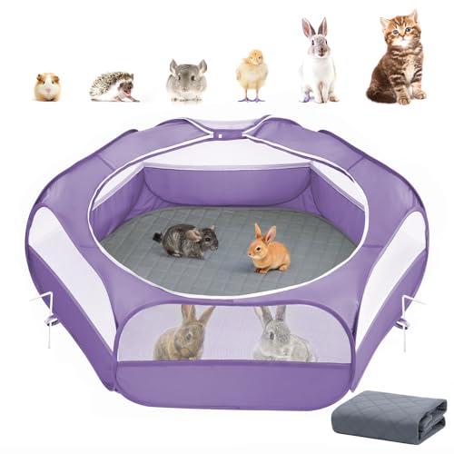 Small Animals Playpen, Waterproof Pet Cage Tent with Zippered Cover, Portable Outdoor Yard Fence with 3 Metal Rod, Green T7612