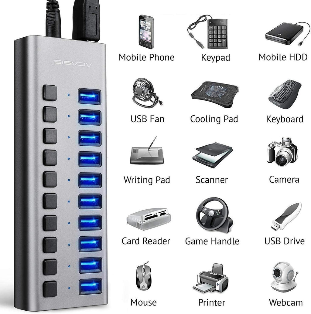 10 Ports 48W USB 3.0 Data Hub with Individual On/Off Switches and 12V/4A Power Adapter G994