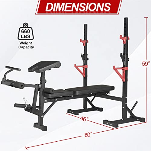 Weight Bench with Squat Rack, Adjustable Bench, Foldable Bench & Barbell Rack Stand, 660Lbs K8003