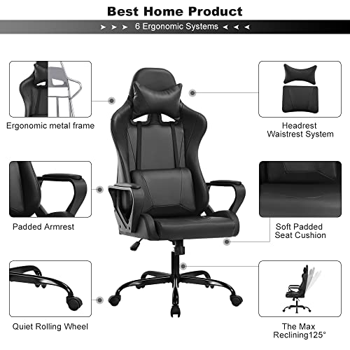 White Ergonomic PU Leather Gaming Chair with Lumbar Support Headrest K3760