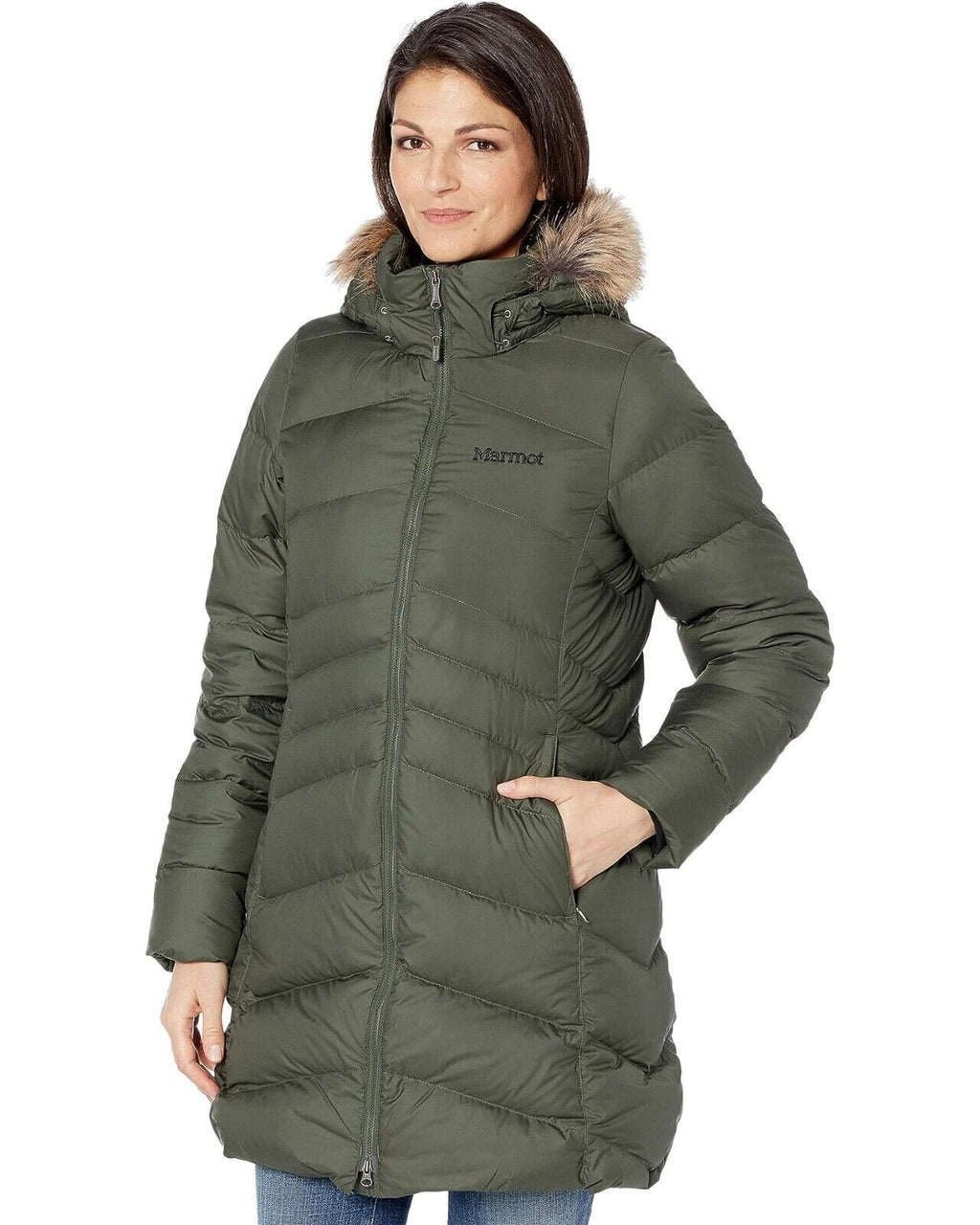 Olive Green Hooded Faux-Fur-Trim Coat Size XL D155242