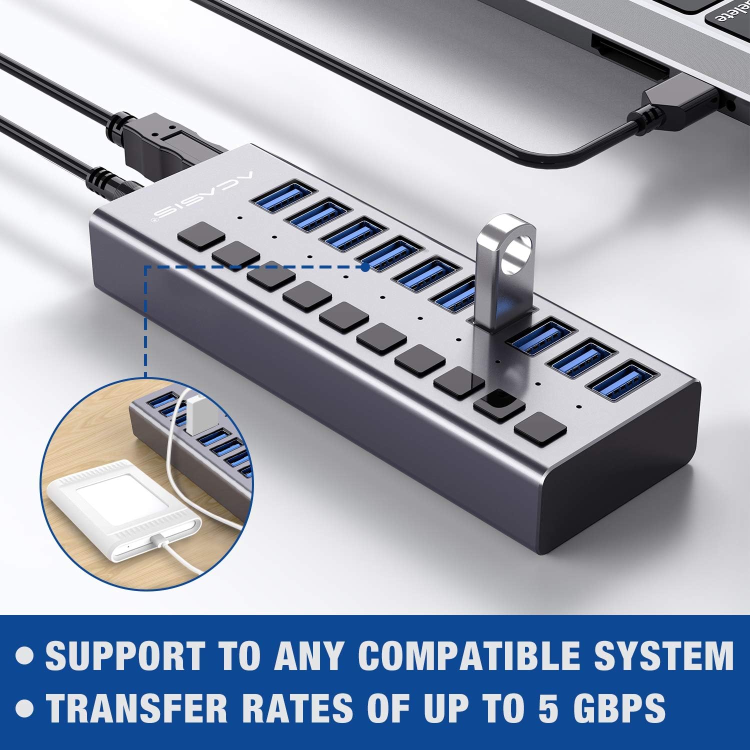 10 Ports 48W USB 3.0 Data Hub with Individual On/Off Switches and 12V/4A Power Adapter G994