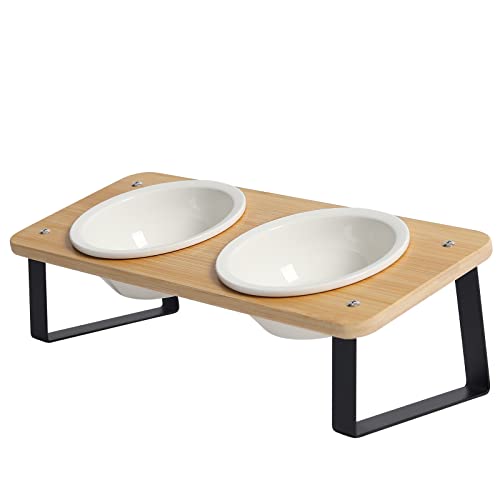 Ceramic Cat Bowl with Stand 15° Tilted Raised Cat Bowl Bamboo Cat Feeding Station Z2630