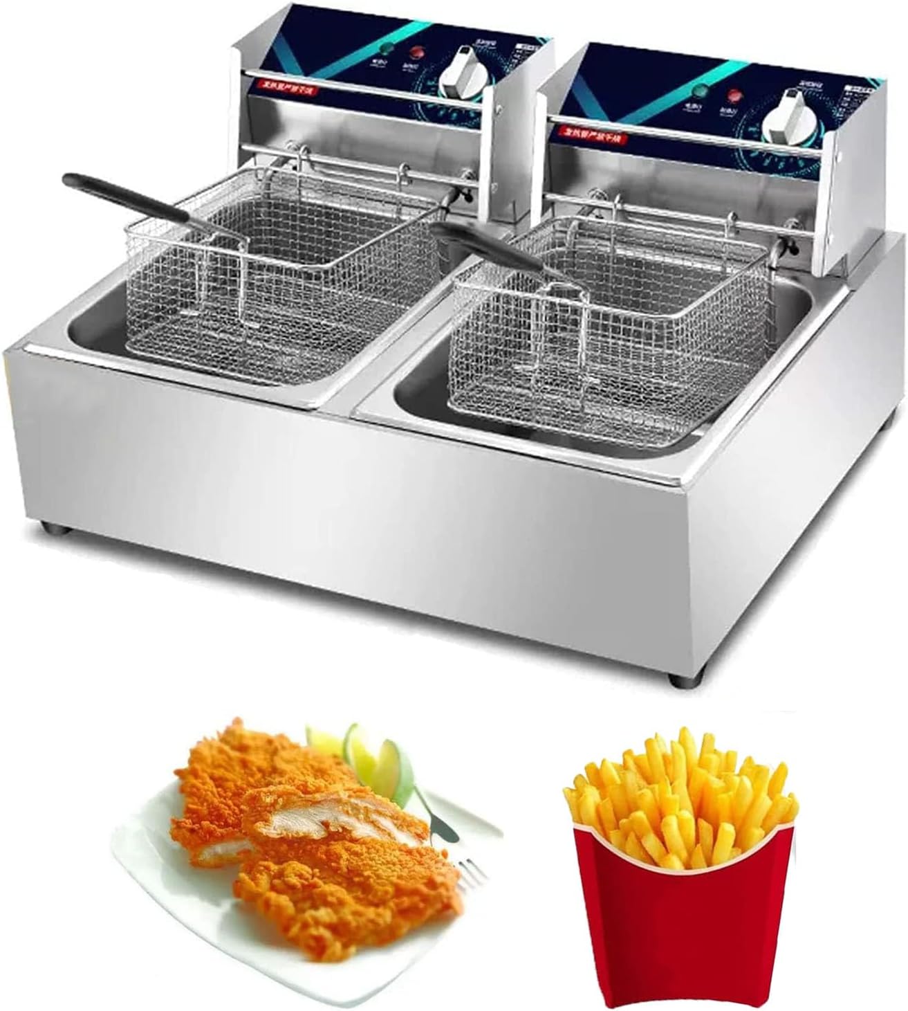 20L Electric Double-Cylinder Stainless Steel Deep Fat Fryer with 2 Fry Basket And Lid T65023