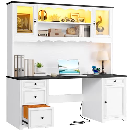 White & Black Executive Desk with Hutch and Drawers, Power Outlet & LED Lights, Storage Shelves, Storage Cabinet with Glass Door C7381