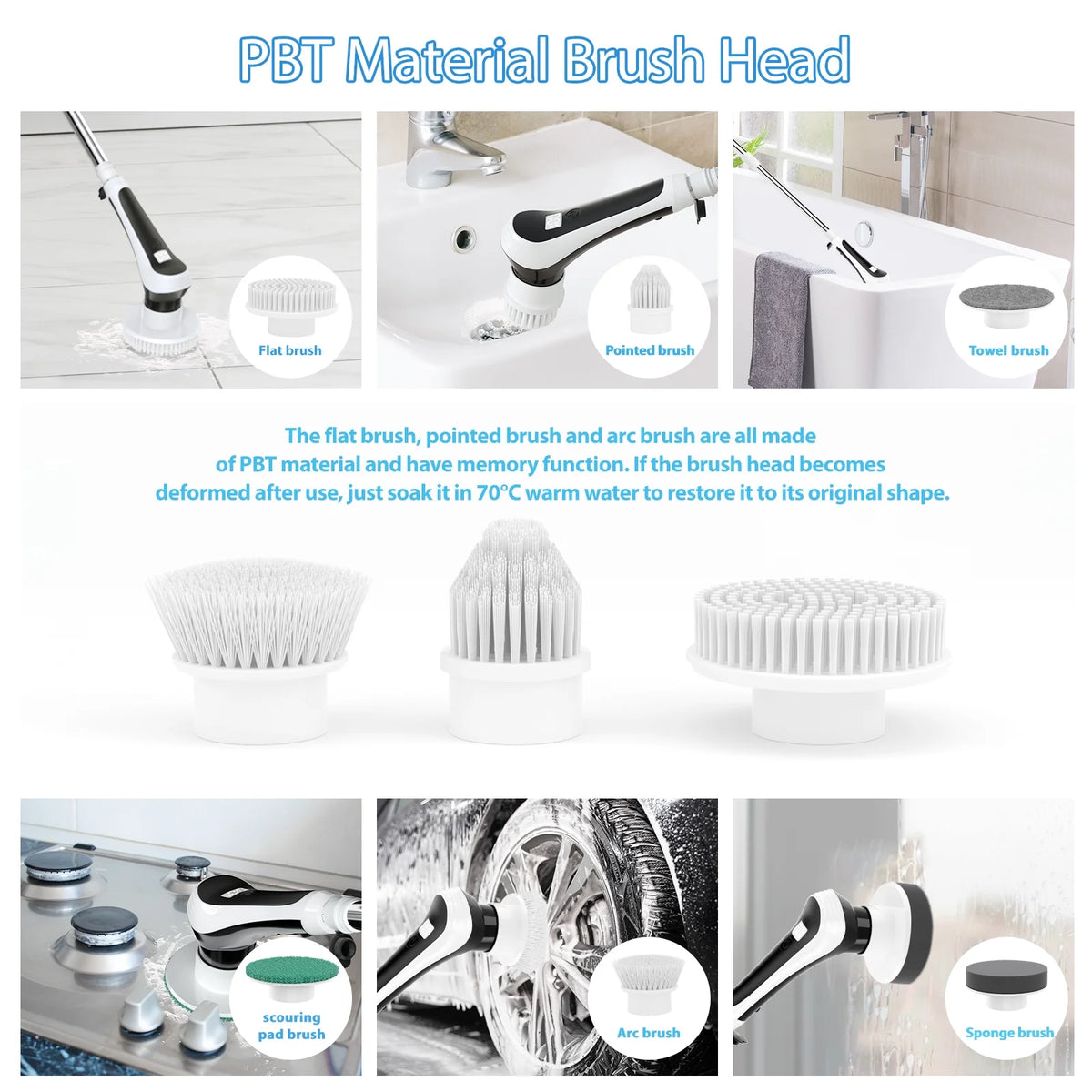 Electric Spin Scrubber with Extension Handle and 6 Replaceable Brush Heads C879