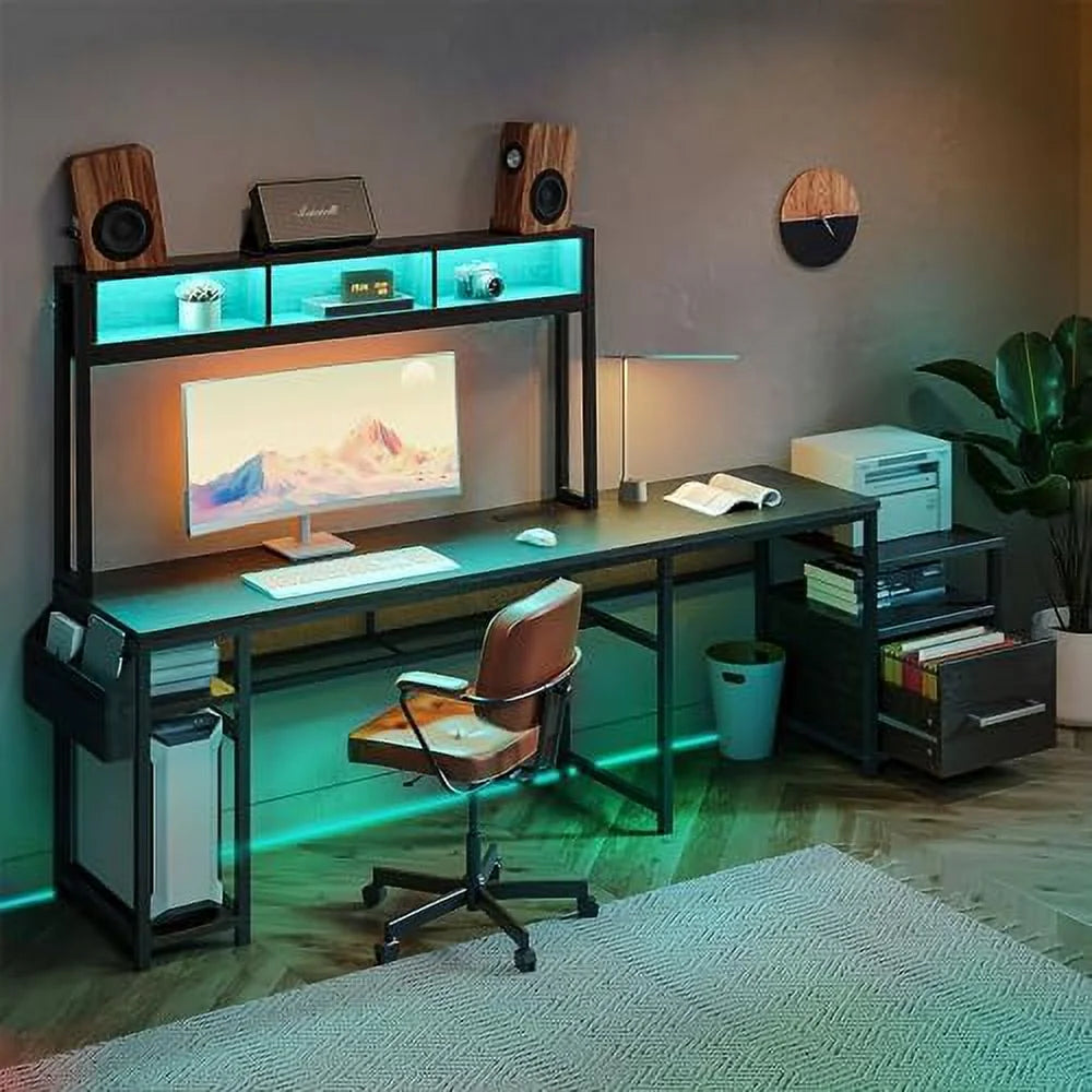 Computer Desk with Monitor Stand and File Cabinet, 104" Long L-Shaped Desk with RGB LED Lights and USB AC Outlet D5700