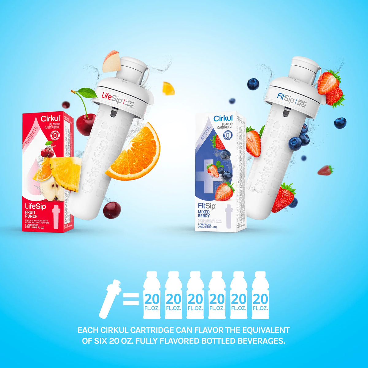 22 oz Plastic Water Bottle with Blue Lid and 2 Flavor Cartridges I436201