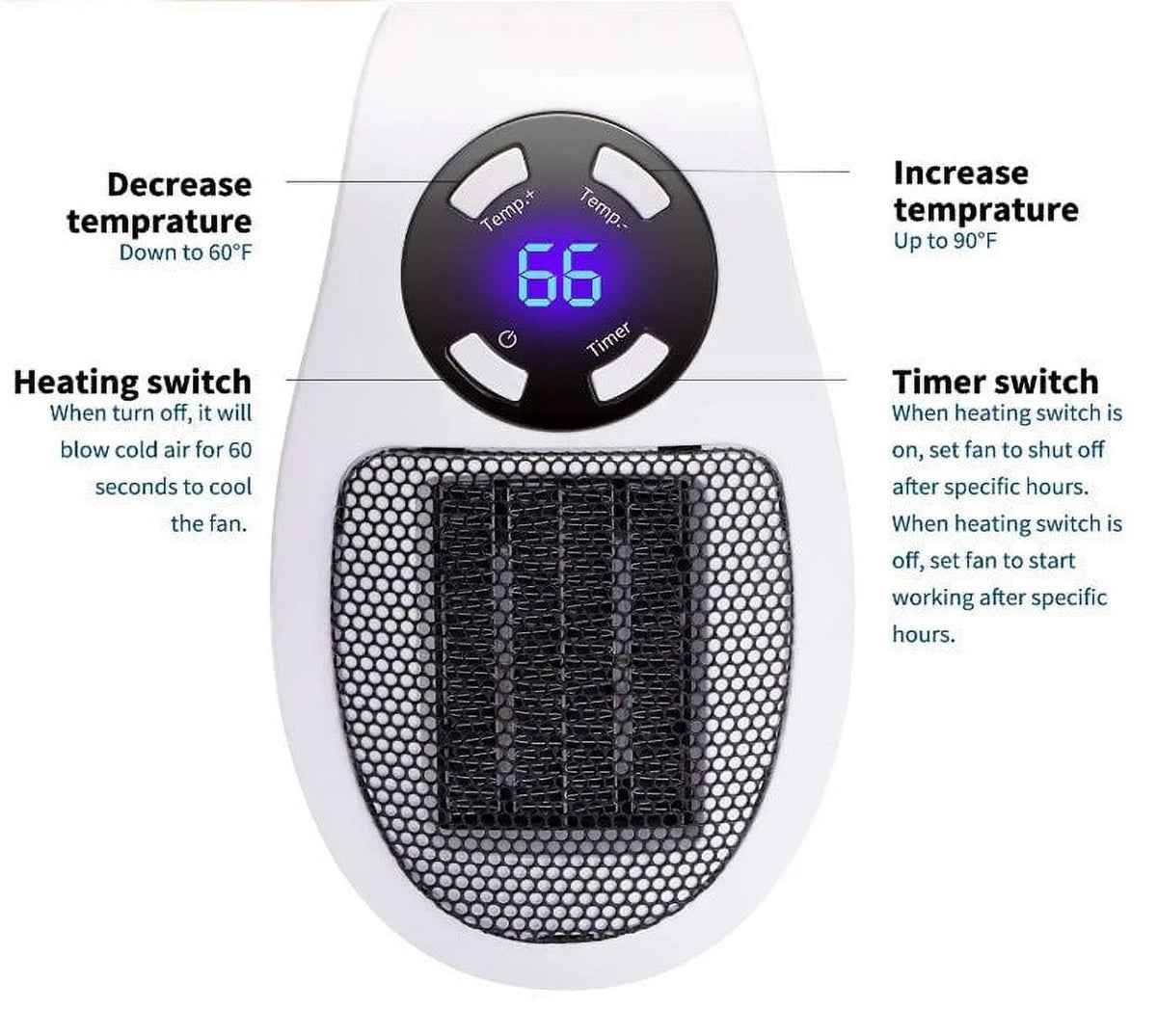 500W Mini Plug-in Wall Heater With Digital Timer T8525