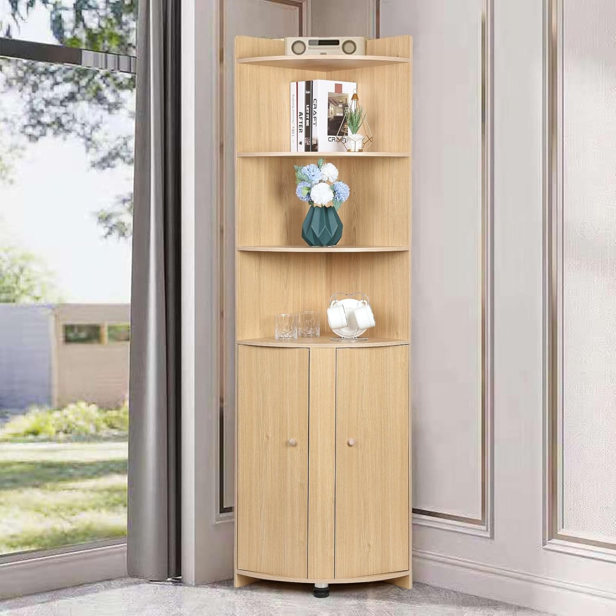 Tall Bathroom Corner Cabinet with Barn Door Design & Open Shelves M82186