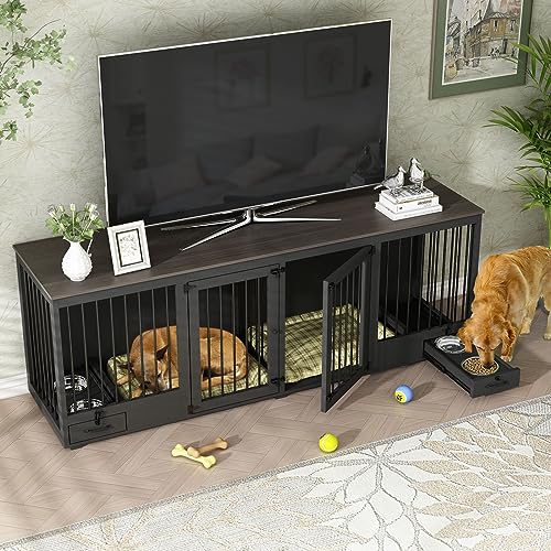 Black Heavy Duty Wooden Dog Crate with Dog Bowl Drawers & Divider P593