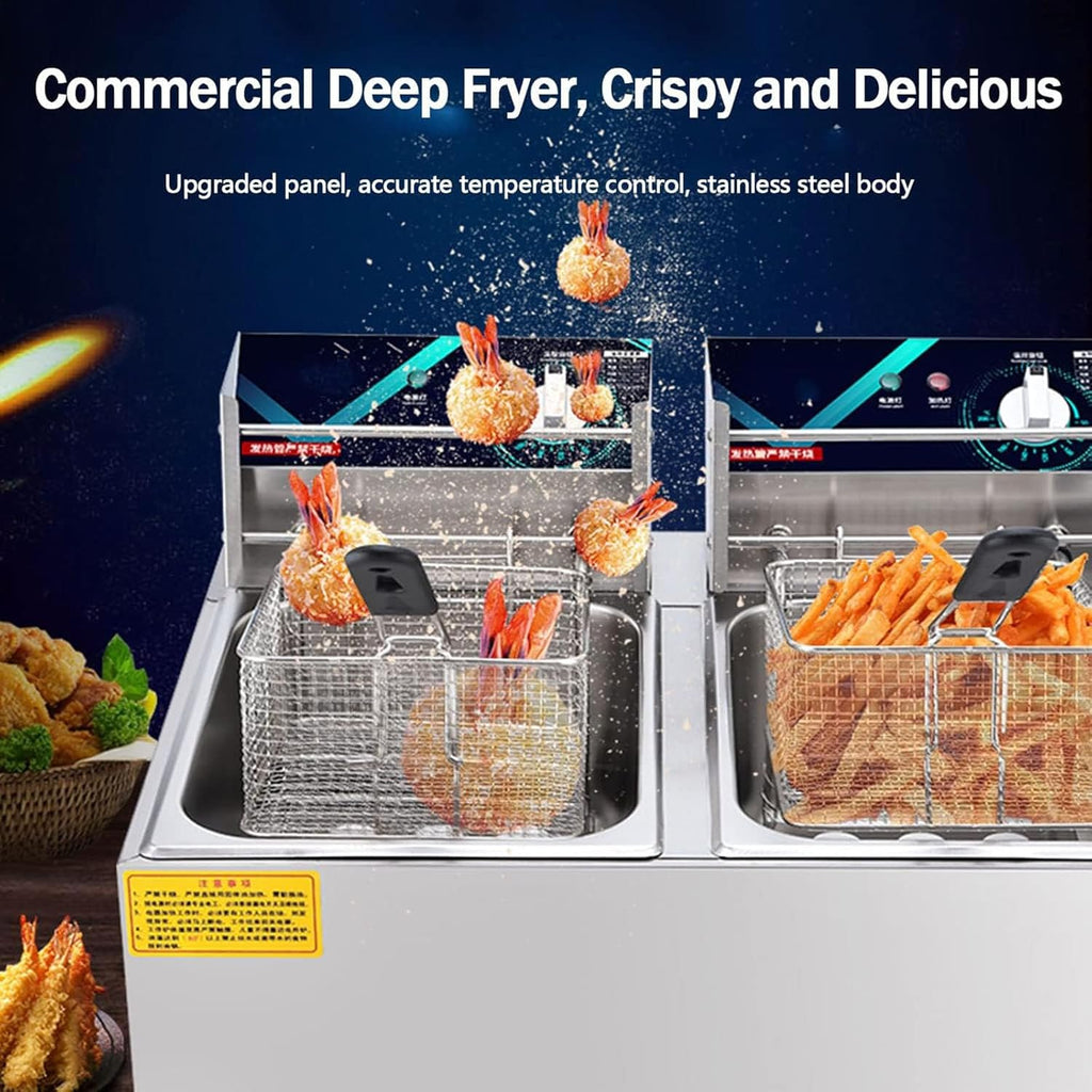 20L Electric Double-Cylinder Stainless Steel Deep Fat Fryer with 2 Fry Basket And Lid T65023