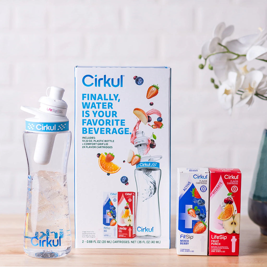 22 oz Plastic Water Bottle with Blue Lid and 2 Flavor Cartridges I436201