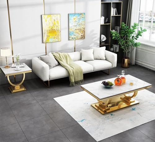 White Marble Coffee Table with Stainless Steel Pedestal C2593