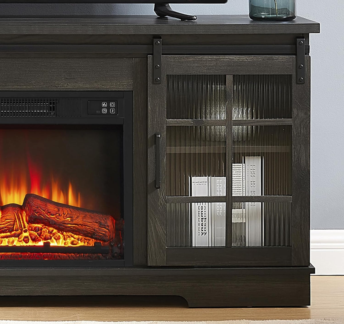Charcoal Grey Fireplace TV Stand with Storage Drawers and Sliding Door Y337