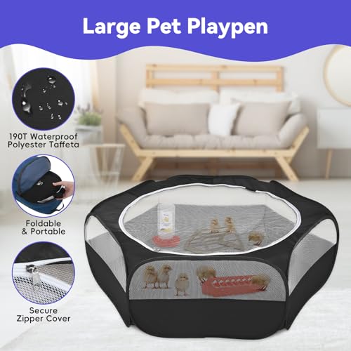 Small Animals Playpen, Waterproof Pet Cage Tent with Zippered Cover, Portable Outdoor Yard Fence with 3 Metal Rod, Green T7612