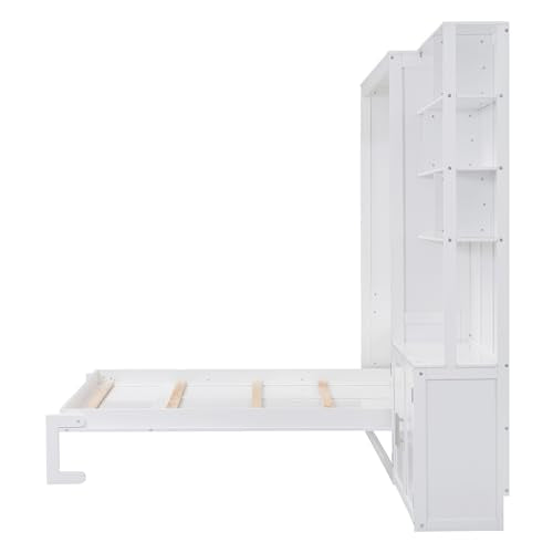 White Solid Wood Queen Size Murphy Bed with Desk C1980