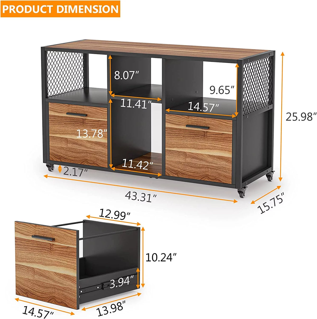 2 Drawer Rustic Brown Wood Lateral File Cabinet Y1116