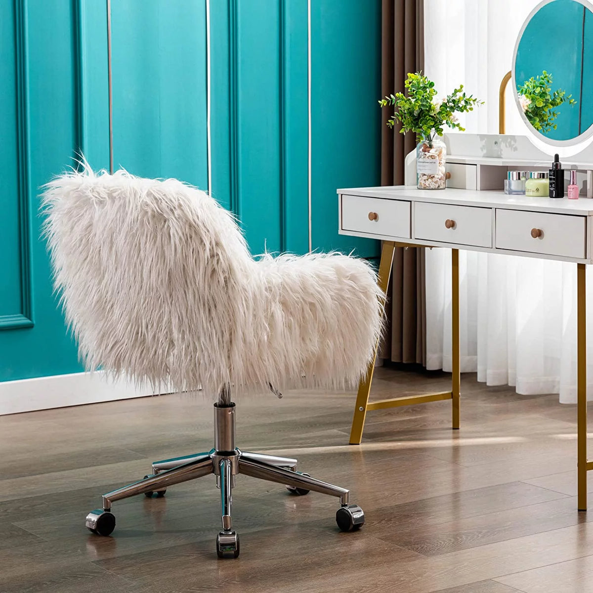 White Faux Fur Swivel Desk Chair with Back Z230